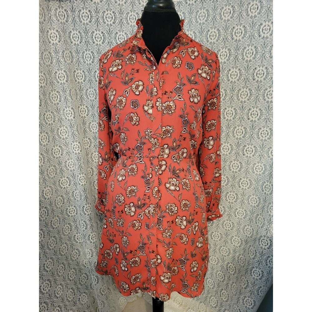 LOFT Floral Ruffle Trim A-Line Shirtdress Orange Blue Boho Mock Neck 8P 8 Petite